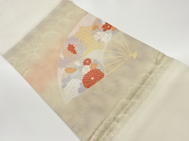 扇に花々模様織出し開き名古屋帯（額縁仕立て）